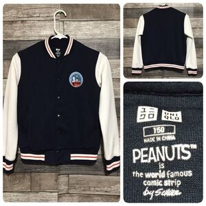 Uniqlo Peanuts Sweatshirt Bomber Jacket Kids 150 Blue White Snap Button
